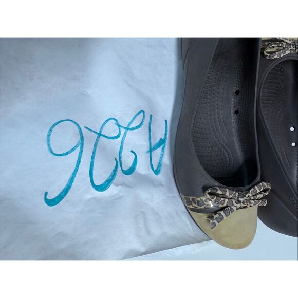Crocs Kadee Leopard Print Bow Cap Toe Slip On Brown Gold Ballet Flats Womens 6 - Picture 10 of 10